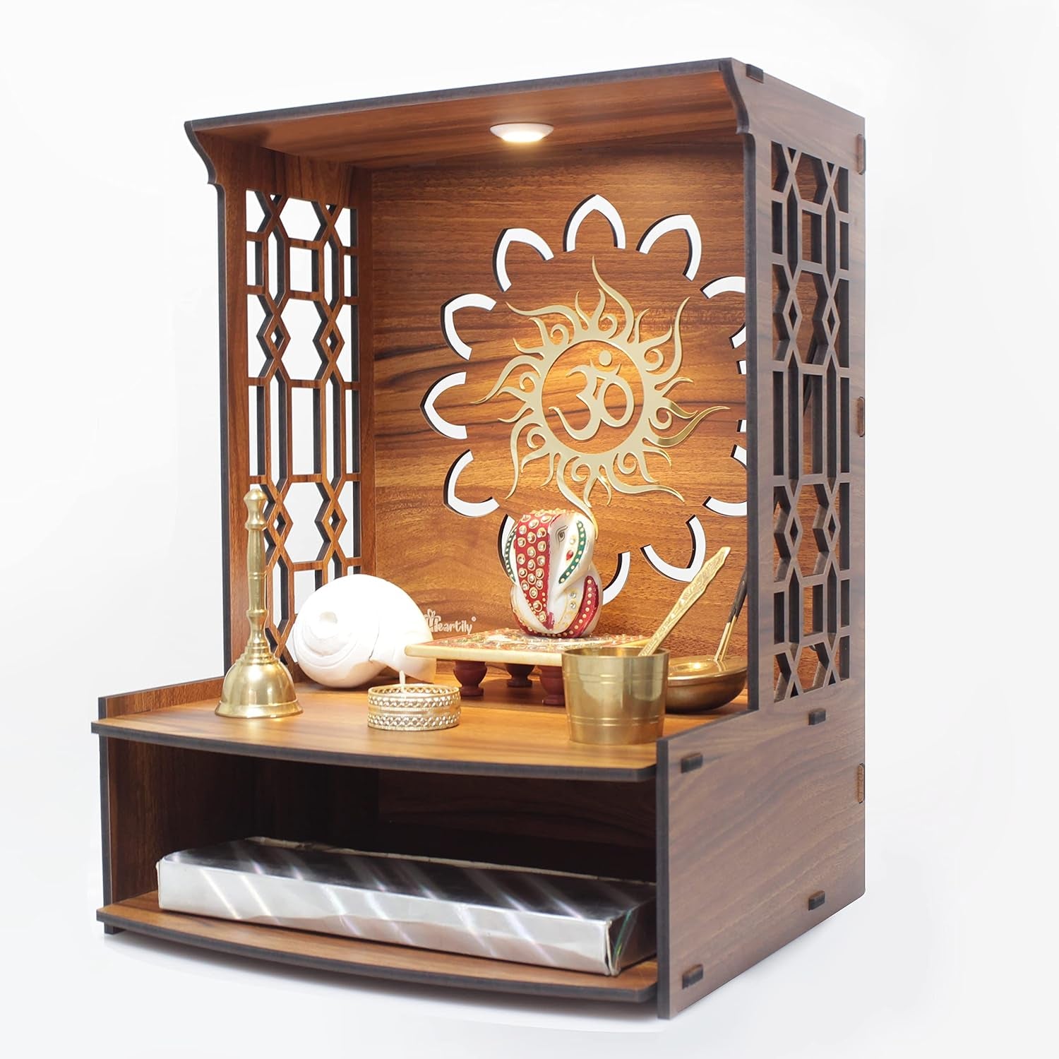 Mangal Beautiful Wooden Pooja Stand for Home Temple and Office Puja Mandir - Wall Mounted with LED Spot Light - Size (H- 15.5, L- 11.5, W-11 Inch)