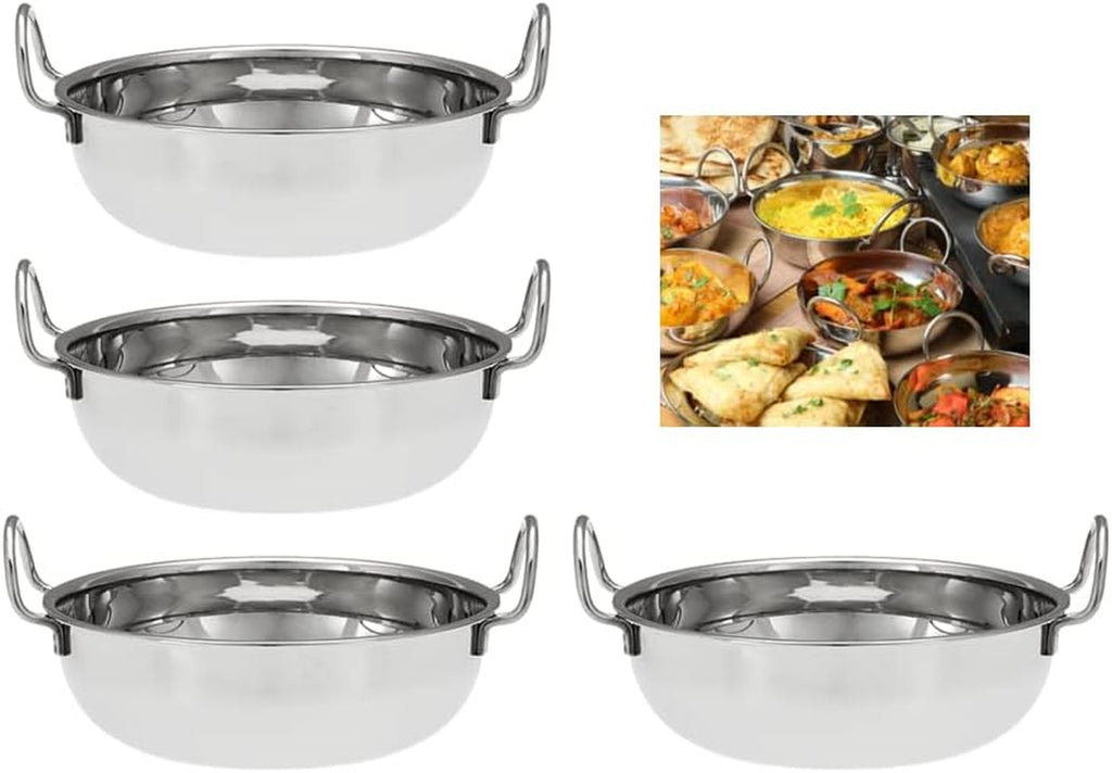 Balti Dish Set of 4. Stainless Steel 13Cm, Curry Bowel and Indian Cuisine Dishes. Multipurpose Indian Serving Karahi Restaurant Style Food Cooking and Serving Handled Dishes. (13Cm X 4 Pack)