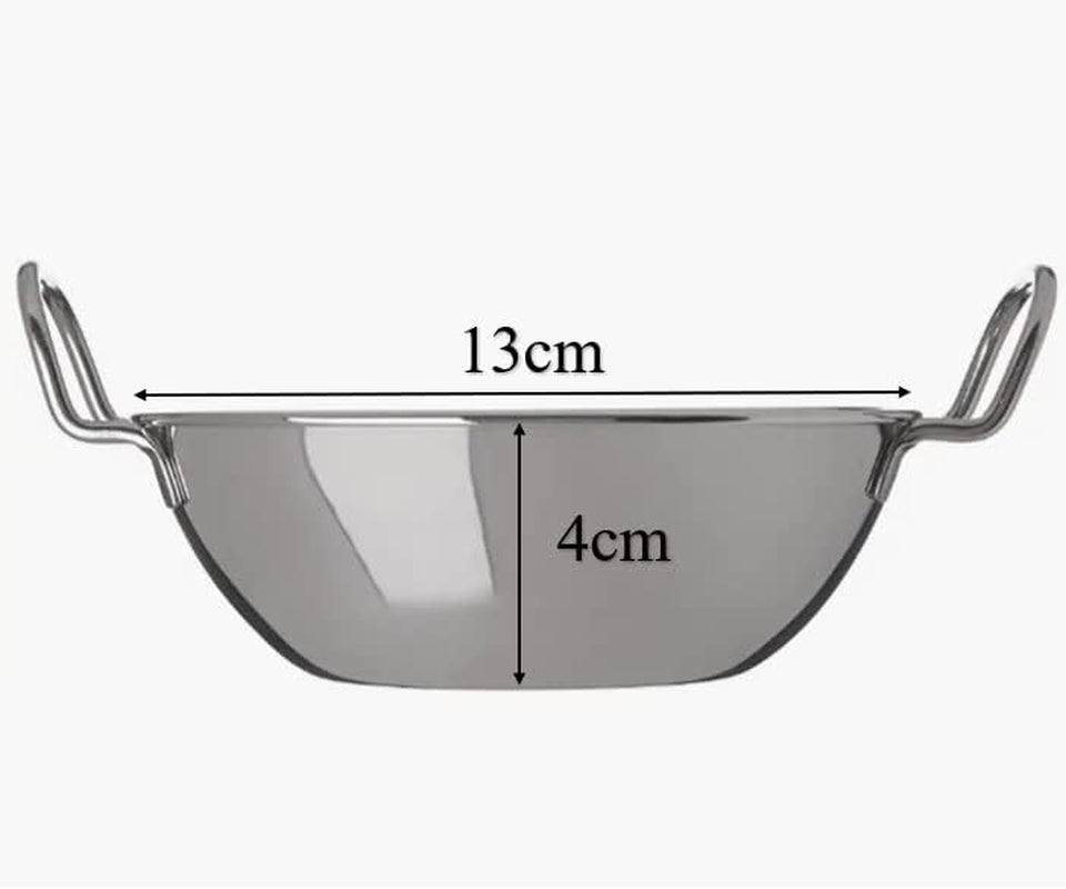 Balti Dish Set of 4. Stainless Steel 13Cm, Curry Bowel and Indian Cuisine Dishes. Multipurpose Indian Serving Karahi Restaurant Style Food Cooking and Serving Handled Dishes. (13Cm X 4 Pack)