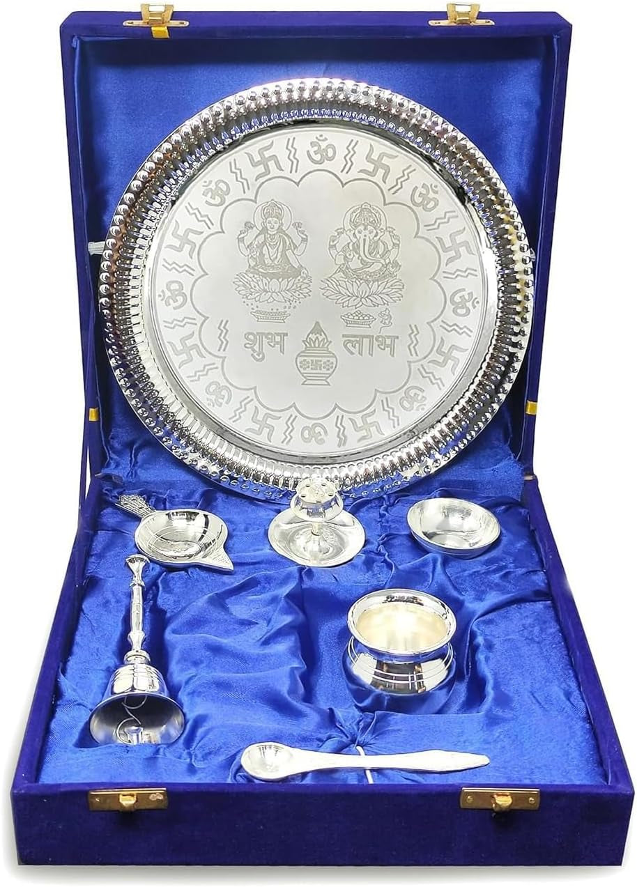 Pooja Thali Set Silver Plated with Blue Gift Box Designed Puja Plate 22 CM Bowl Ghanti Kalash Spoon Dhup Dan Diya for Home Office Diwali Wedding Return Gift Items