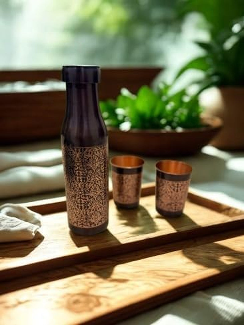 Sampurna | Antique Pure Copper Water Bottle Gift Set (Bottle + 2 Glasses) | Handcrafted Luxury Festive Packaging
