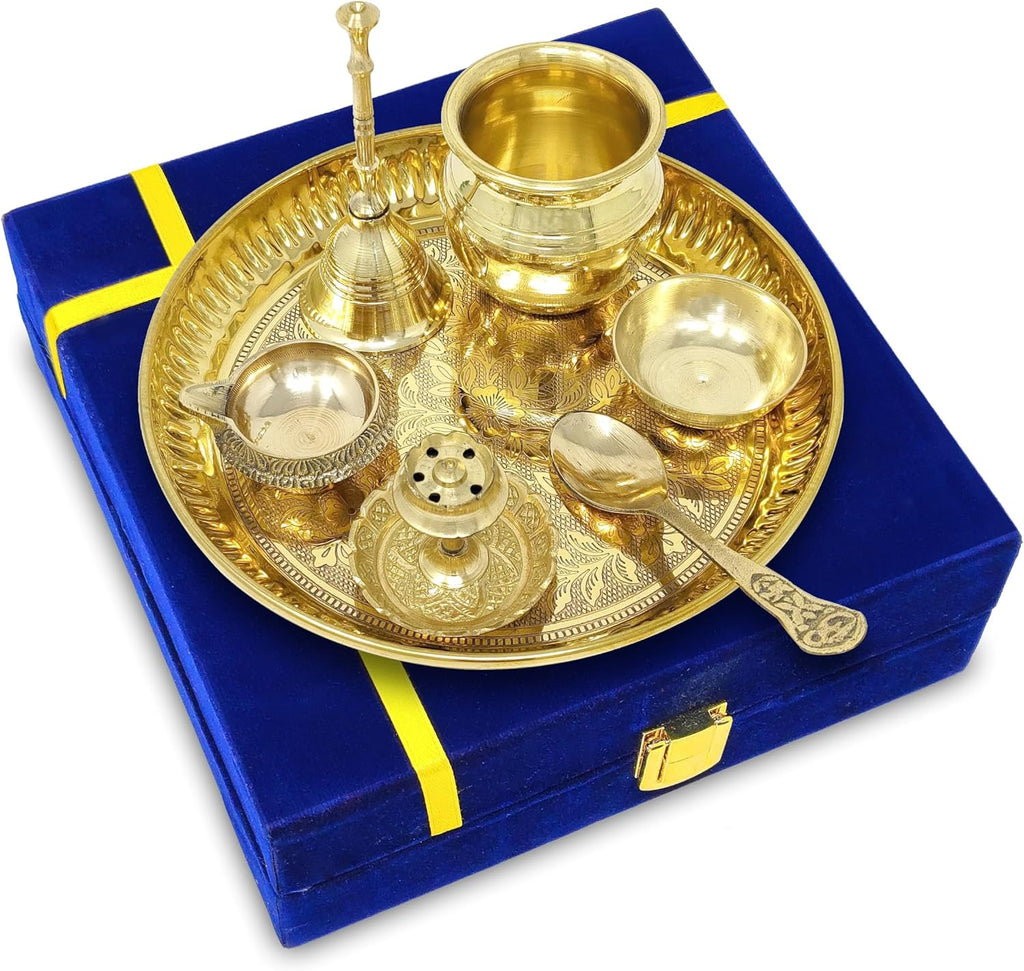 Brass Pooja Thali Set with Grey Gift Box 6 Inch Pital Plate Kalash Spoon Chandan Wati Dhup Dan Kuber Diya Ghanti Puja Arti Thali for Diwali Home Office Mandir Wedding Return Gifts