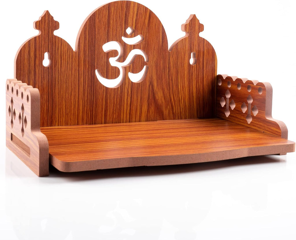 Wooden Wall Mounted Hanging Table Top Temple Pooja Mandir God Stand Shelf for Storage and Idols Decoration for Home Office and Gifting (Brown- Om Design2)