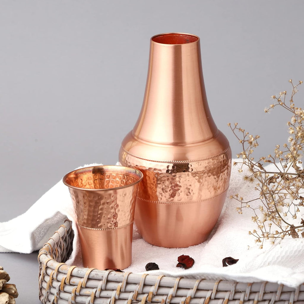 Pure Copper Bedside Water Carafe with Tumbler, for Ayurveda Health Benefits - Capacity - 1.4 Lt. (47.3 US Fluid Ounce)