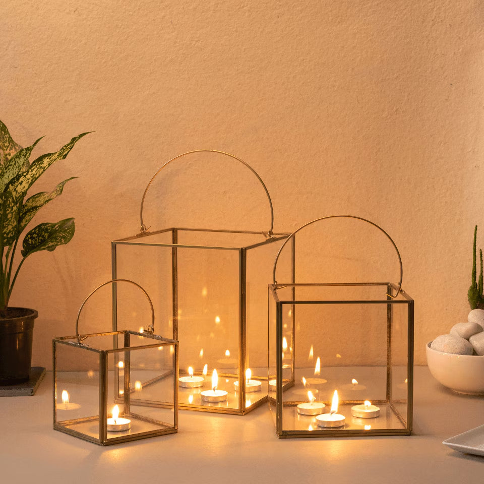 Lantern-Style Glass and Iron Candle Holders for Indoor and Outdoor | Recycled Brass with Golden Finish | Available in 3 Sizes or as a Set