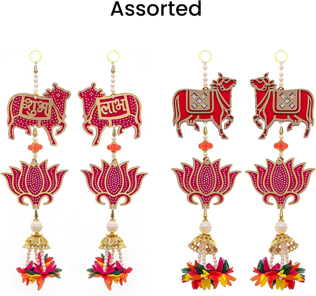 Set of 2 Shubh Labh Wall Hanging with Lotus and Cow Motifs Décor Decorative Pooja Door Hanging for Home Temple Festial Diwali and Gifting (Cow)