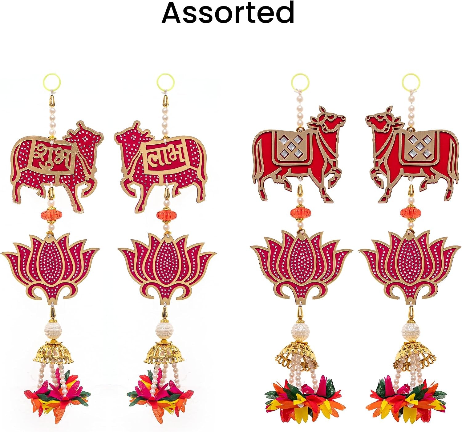 Set of 2 Shubh Labh Wall Hanging with Lotus and Cow Motifs Décor Decorative Pooja Door Hanging for Home Temple Festial Diwali and Gifting (Cow)