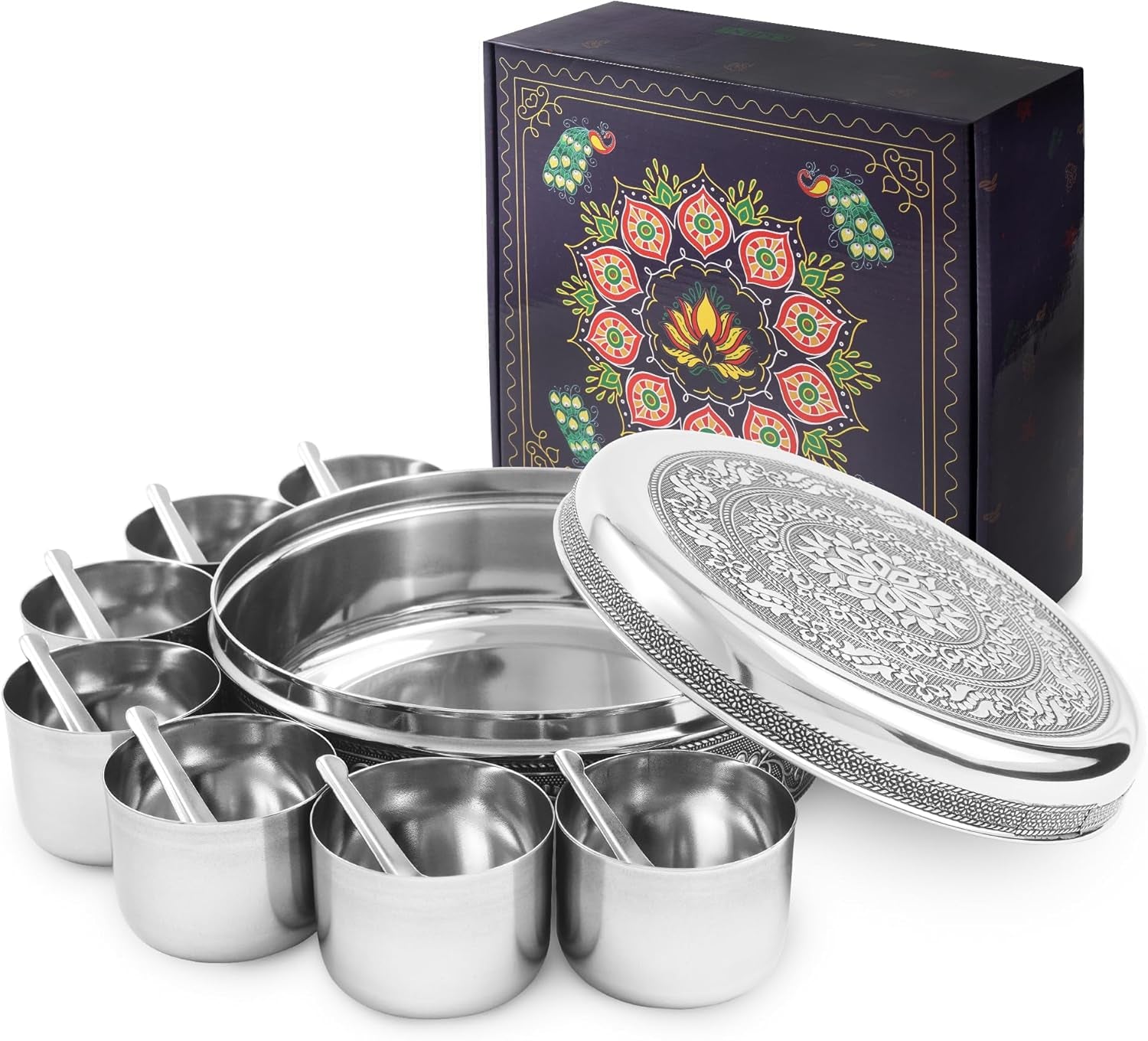 Designer Spice Container Masala Dabba, 7 Spice Jars, Holds 7 Spices, Spice Container Box, Polished Stainless Steel with 7 Serving Spoons, Indian Masala Dabba with Lid, 8 Inch