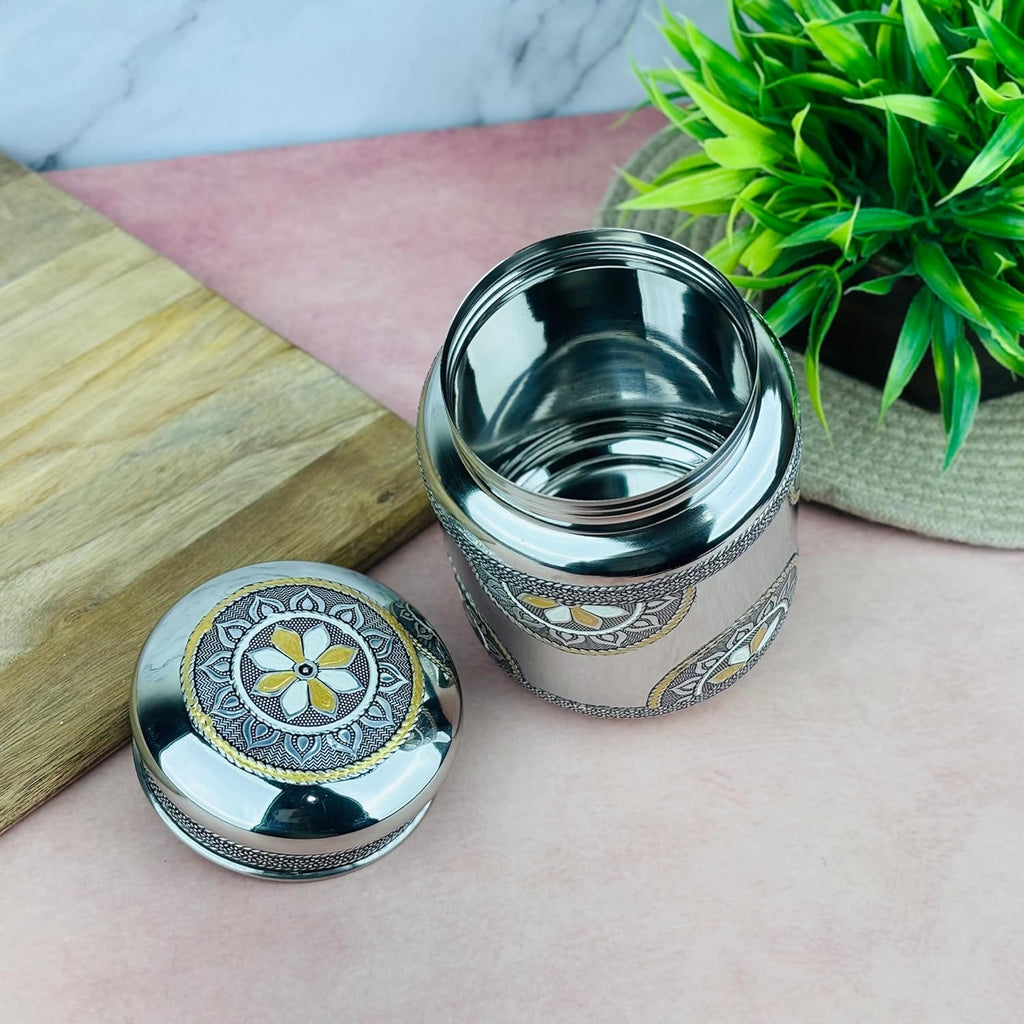 Stainless Steel Storage Jar with Lid | Oxidized Meenakari Design Container | Multipurpose Kitchen Jar for Snacks, Dry Fruits, Mukhwas & Spices | Decorative Traditional Steel Storage (1000 Ml)