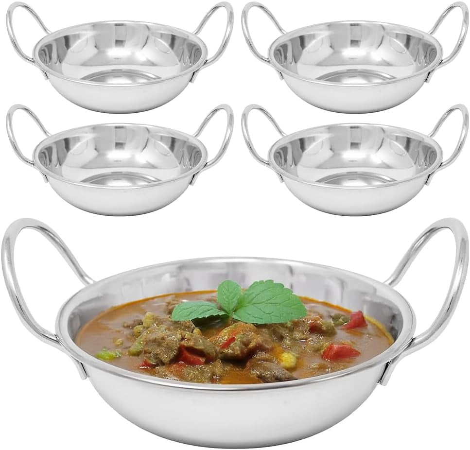 Set of 5 Balti Dishes - 15Cm Karahi Metal Curry Serving Deep Dishes Stainless Steel Indian | Set of 5 | Home Kitchen Restaraunt Catering | Eating Serving | Mirror Finish
