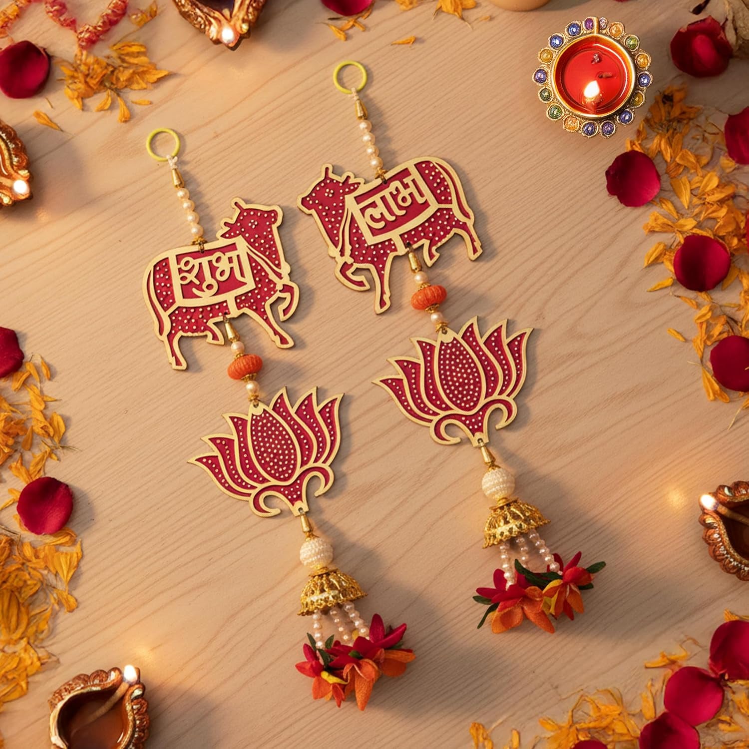 Set of 2 Shubh Labh Wall Hanging with Lotus and Cow Motifs Décor Decorative Pooja Door Hanging for Home Temple Festial Diwali and Gifting (Cow)
