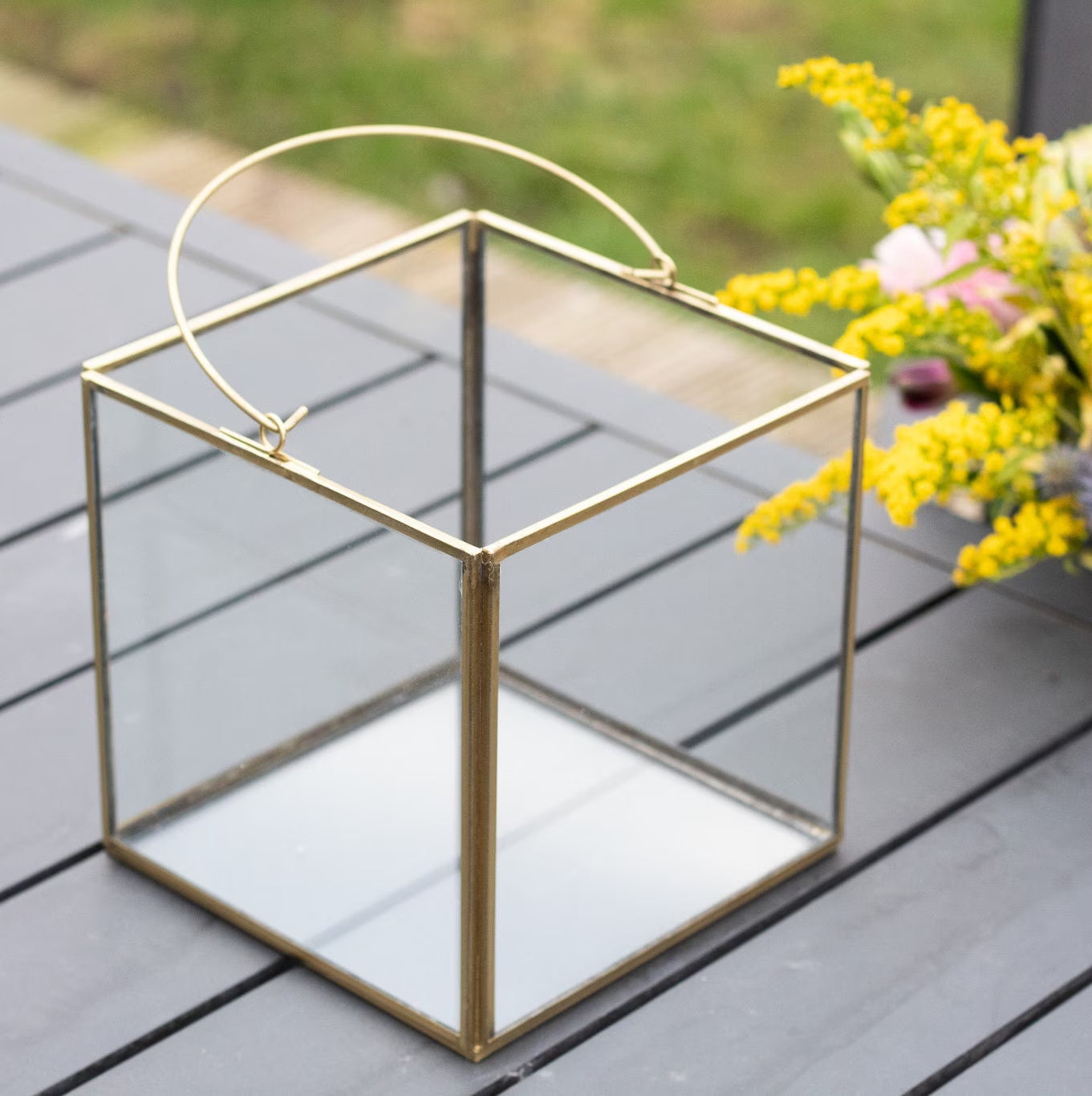 Lantern-Style Glass and Iron Candle Holders for Indoor and Outdoor | Recycled Brass with Golden Finish | Available in 3 Sizes or as a Set