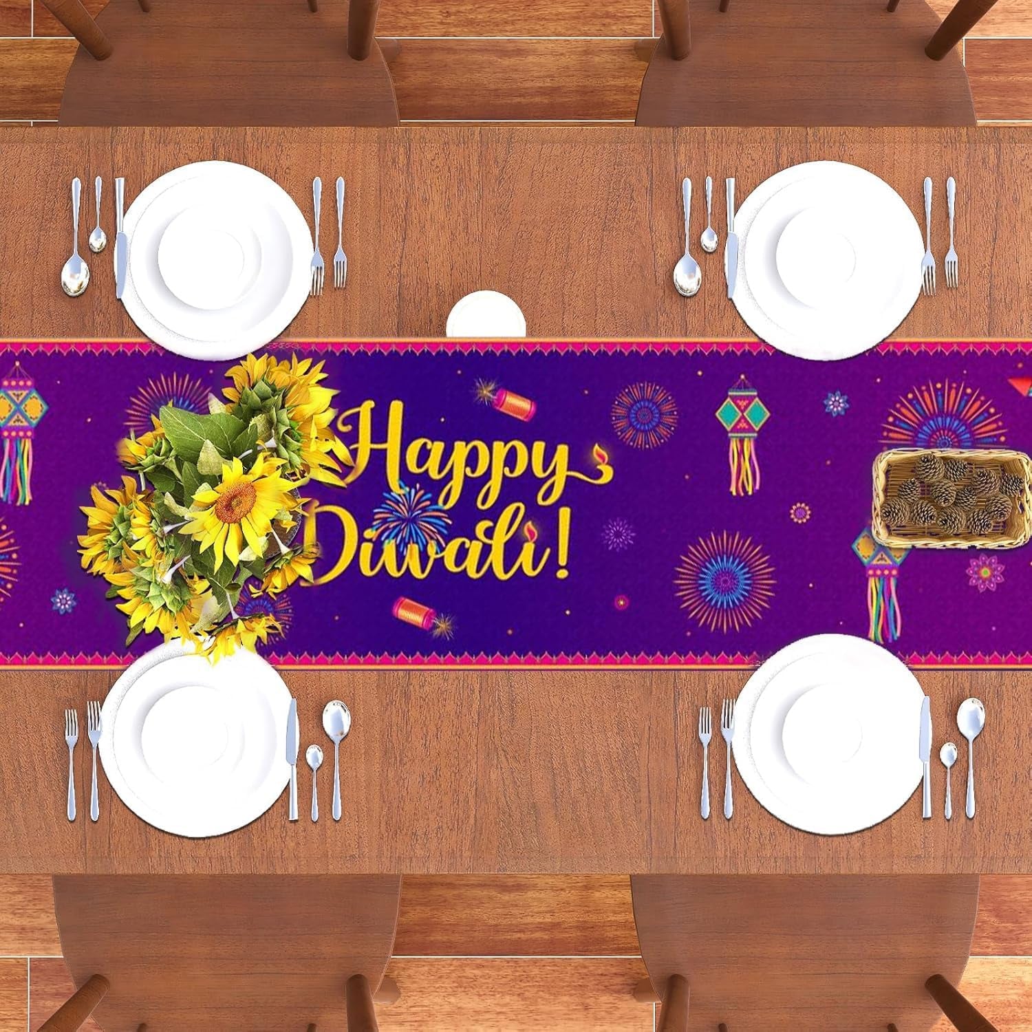 Diwali Table Runner - 13X72'' Happy Diwali Table Runner Kitchen Dining Table Decoration, Indian Deepawali Festival of Lights Party Decor Supplies Diwali Decorations for House Home