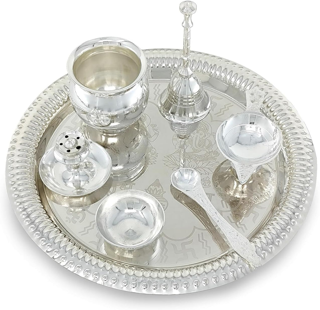 Pooja Thali Set Silver Plated with Blue Gift Box Designed Puja Plate 22 CM Bowl Ghanti Kalash Spoon Dhup Dan Diya for Home Office Diwali Wedding Return Gift Items