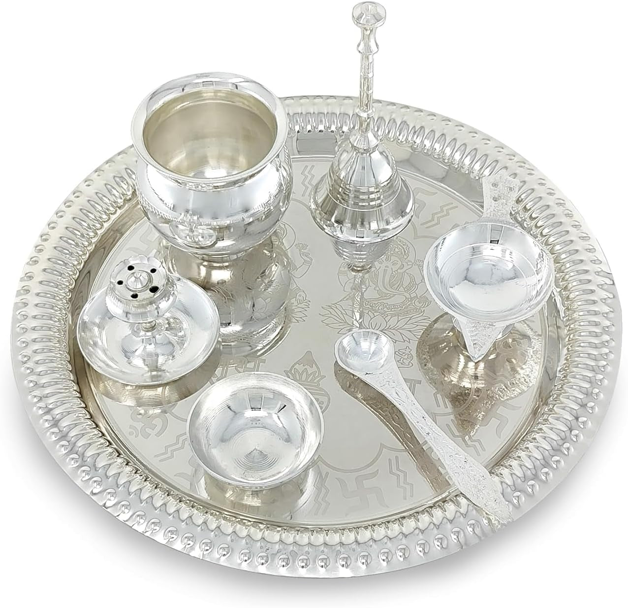 Pooja Thali Set Silver Plated with Blue Gift Box Designed Puja Plate 22 CM Bowl Ghanti Kalash Spoon Dhup Dan Diya for Home Office Diwali Wedding Return Gift Items