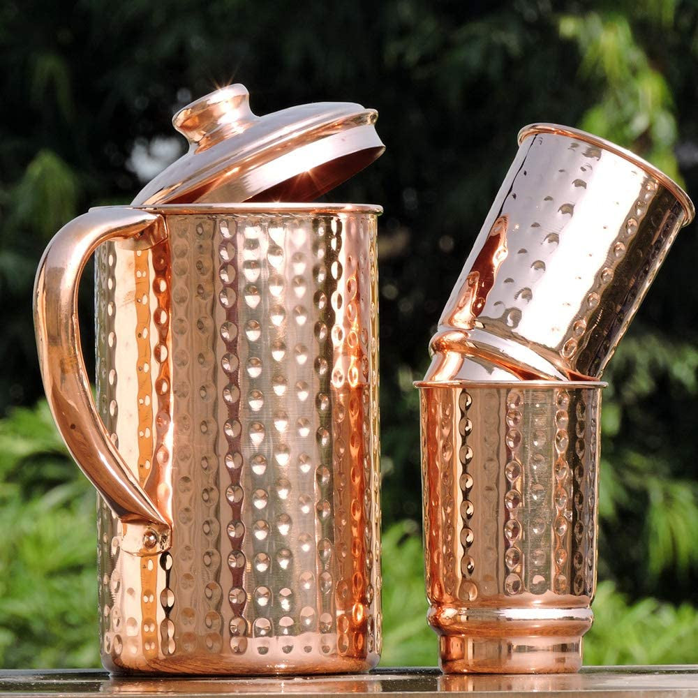 Copper Pitcher with 2 Copper Cups Set | Pure Copper Water Jug & Matching Tumblers Set for Home & Wellness, Hammered Finish Handcrafted for Daily Hydration & Natural Living