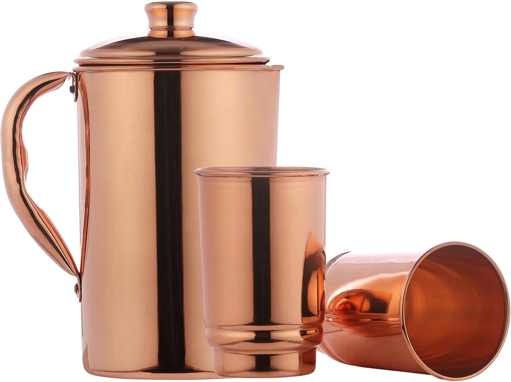 Copper Pitcher 50.72 Oz with 2 Tumblers Set | Pure Copper Water Jug & Tumblers Set for Home & Wellness, Plain Finish Handcrafted for Daily Hydration & Natural Living