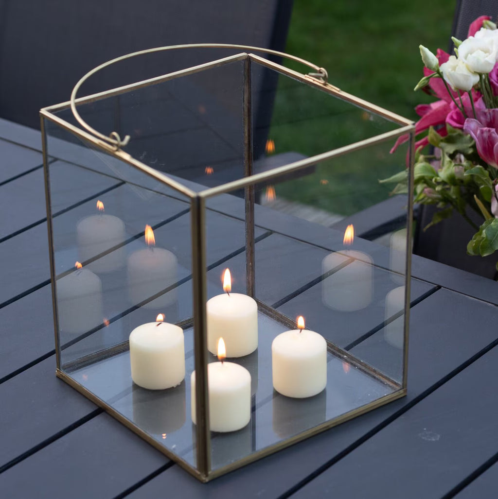 Lantern-Style Glass and Iron Candle Holders for Indoor and Outdoor | Recycled Brass with Golden Finish | Available in 3 Sizes or as a Set