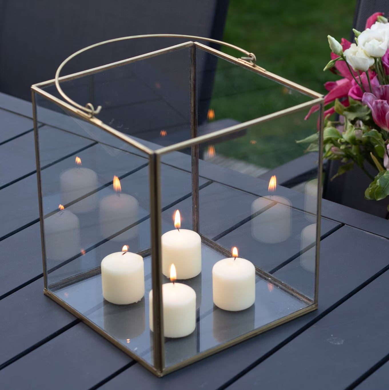 Lantern-Style Glass and Iron Candle Holders for Indoor and Outdoor | Recycled Brass with Golden Finish | Available in 3 Sizes or as a Set