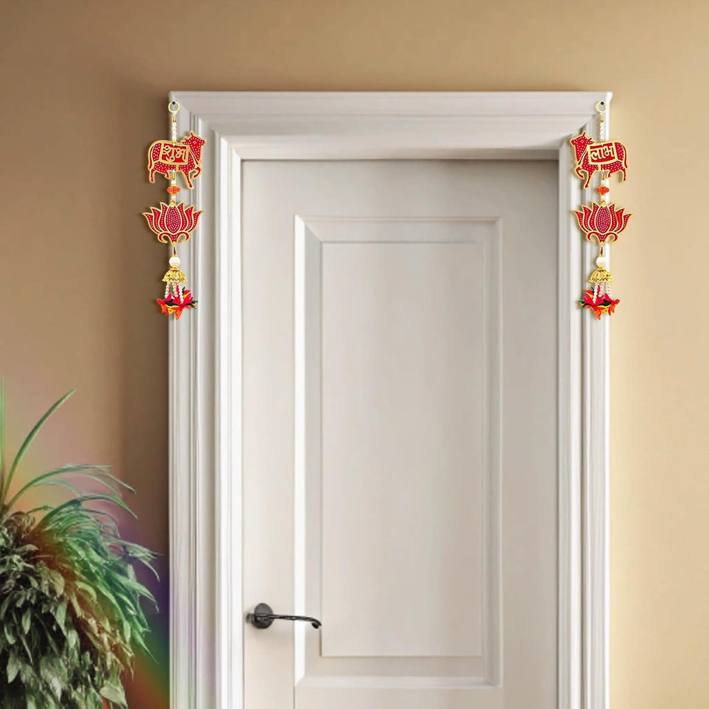 Set of 2 Shubh Labh Wall Hanging with Lotus and Cow Motifs Décor Decorative Pooja Door Hanging for Home Temple Festial Diwali and Gifting (Cow)