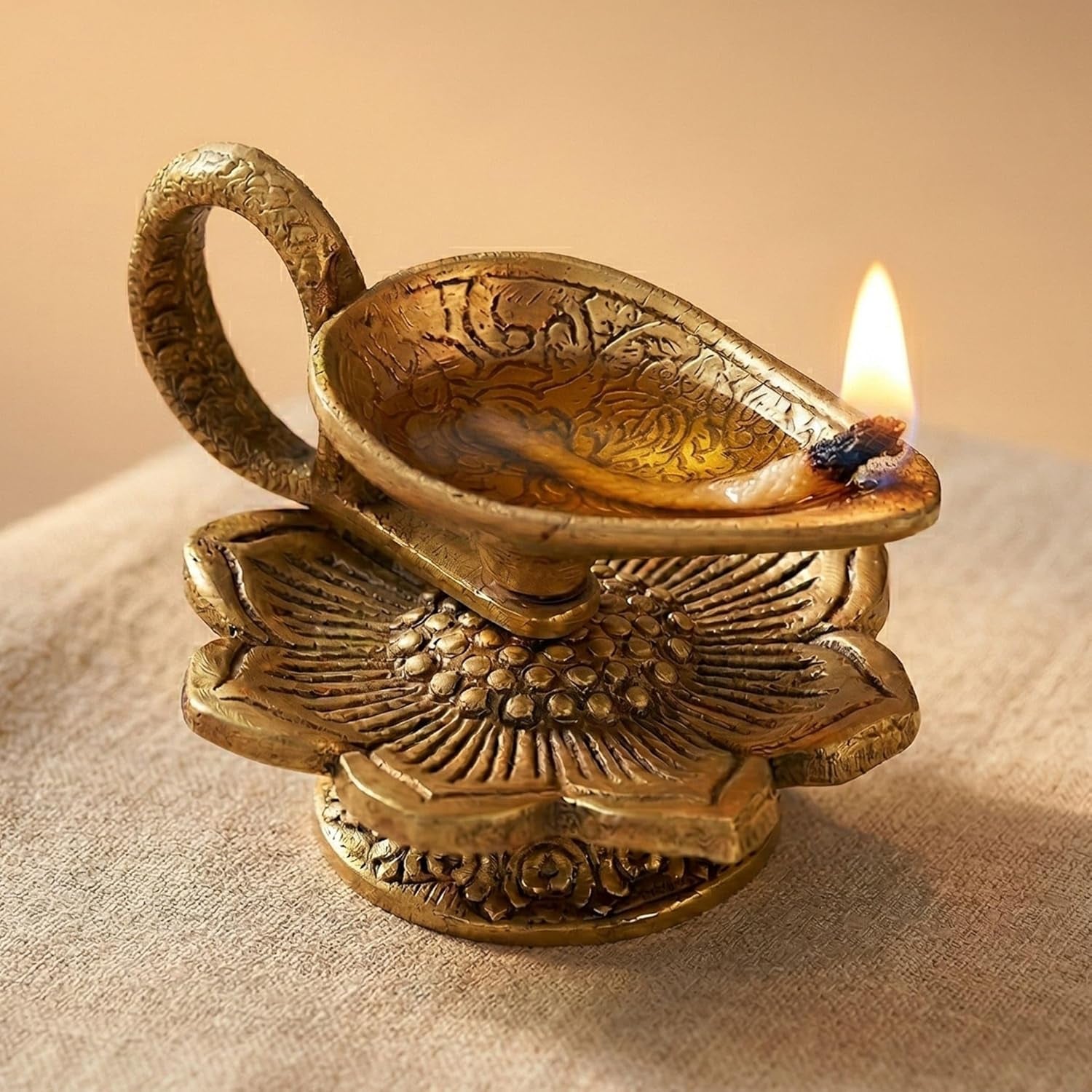 Brass Finish Lotus Diya - Lightweight Aluminum Oil Lamp for Home Pooja Room, Indian Mandir Decor, Diwali & Housewarming Return Gifts 1 Pc
