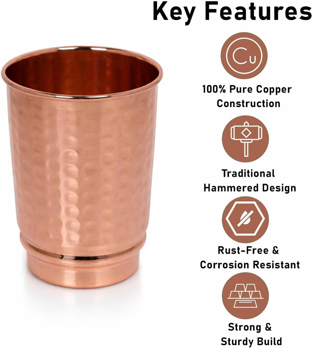 Pure Copper Hammered Drinking Cups - Ayurvedic Health Tumblers – 2 Pcs. Set -LACQUER Free (11.8 US Fl Oz) Traveller'S Copper Cups for Ayurveda Health Benefits (Hammered)