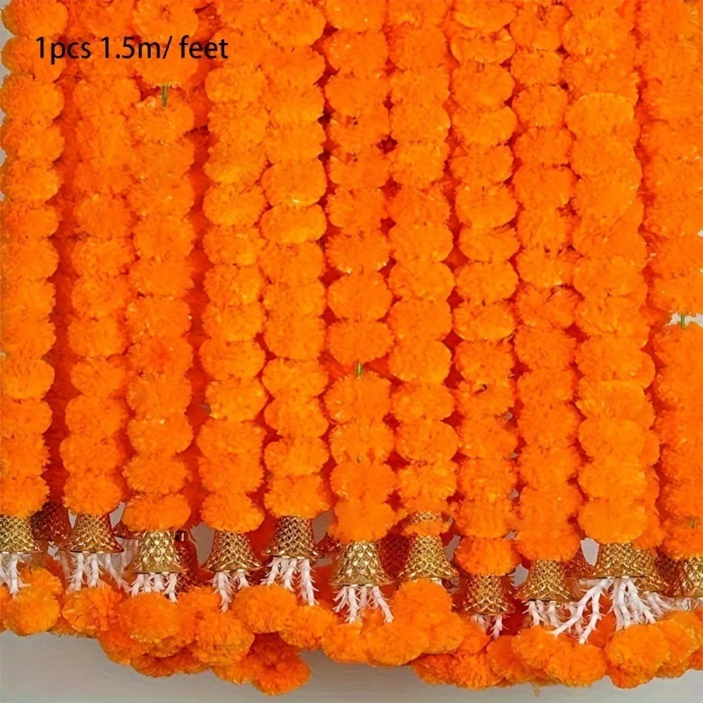 Long Strands Artificial Marigold Garland 1.5M Pooja Diwali Fiesta Pooja Marigold Flowers Indian Décor Events Decor