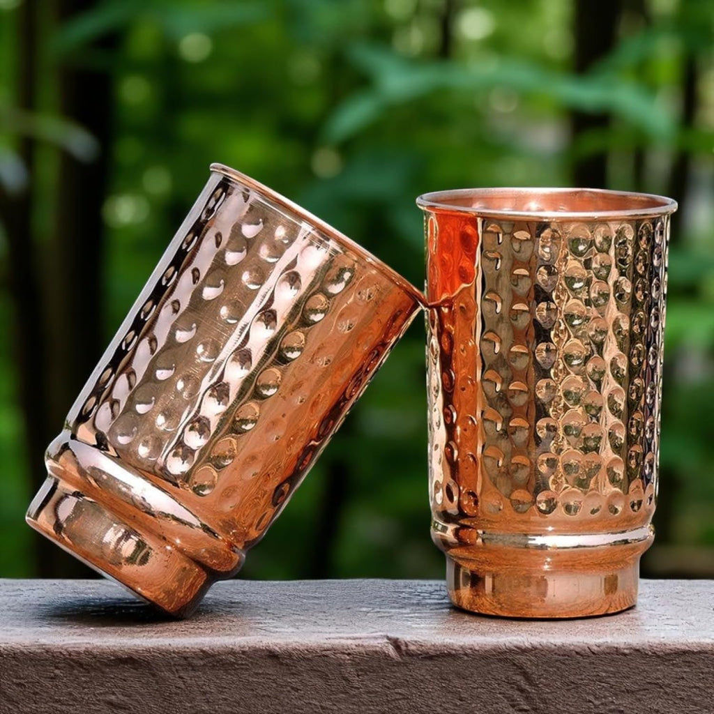 Pure Copper Hammered Drinking Cups - Ayurvedic Health Tumblers – 2 Pcs. Set -LACQUER Free (11.8 US Fl Oz) Traveller'S Copper Cups for Ayurveda Health Benefits (Hammered)