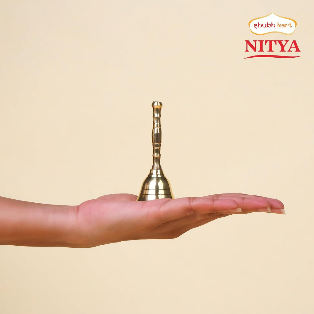 Solid Brass Puja Ghanti, 3.5 Inch Hand Held Temple Bell for Home, Events, Decoration, Food Line, Alarm and Service, Small