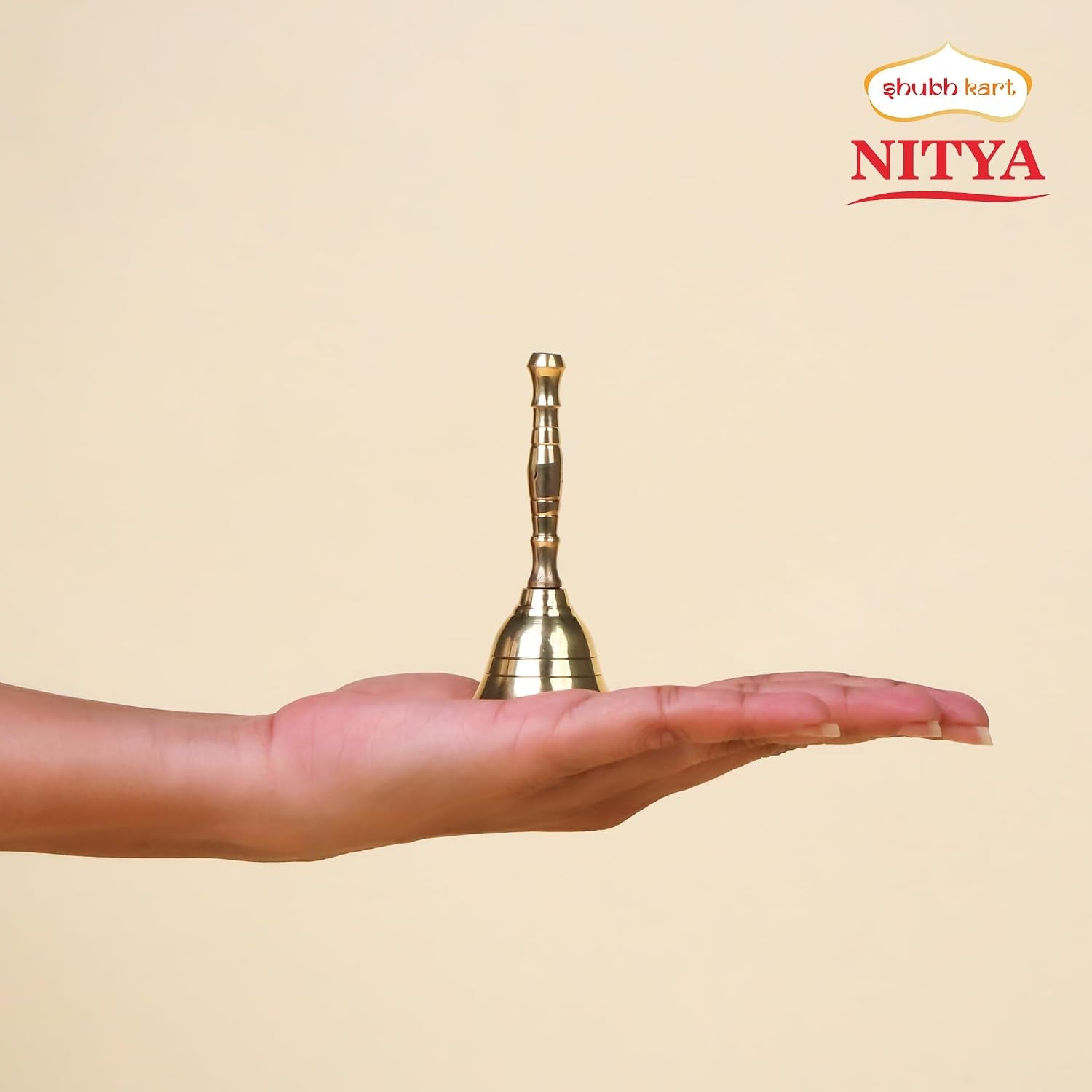 Solid Brass Puja Ghanti, 3.5 Inch Hand Held Temple Bell for Home, Events, Decoration, Food Line, Alarm and Service, Small