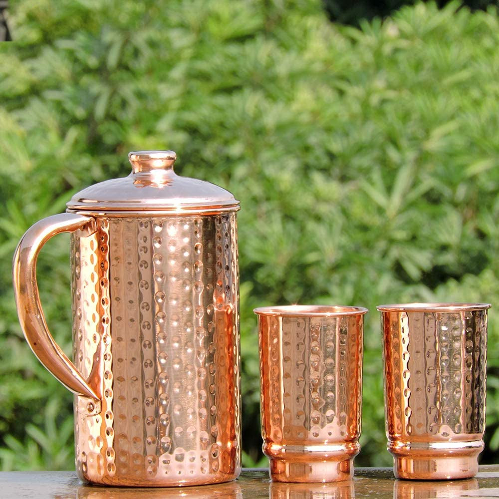 Copper Pitcher with 2 Copper Cups Set | Pure Copper Water Jug & Matching Tumblers Set for Home & Wellness, Hammered Finish Handcrafted for Daily Hydration & Natural Living