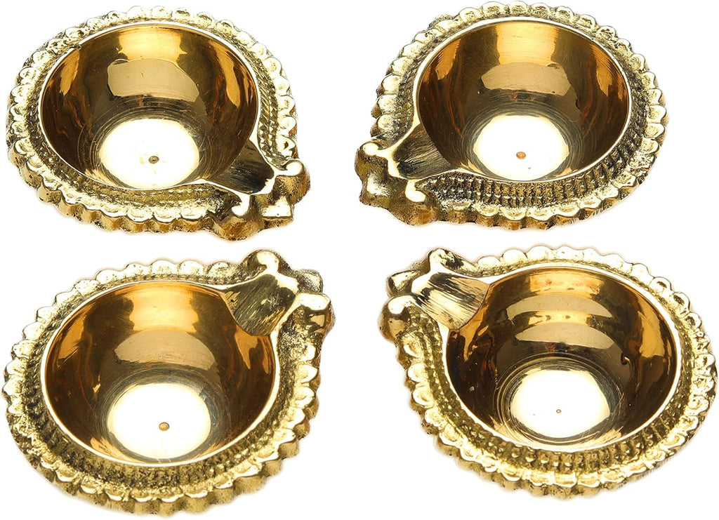 Set of 4 Diya Deepak Pooja Diya Puja Item Brass Oil Lamp Pooja Essential for Indian Traditional Festival Laxmi Poojan New Year Decorations Aarti Lighting Accessories Gift Lantern(Size:-2")(Golden)