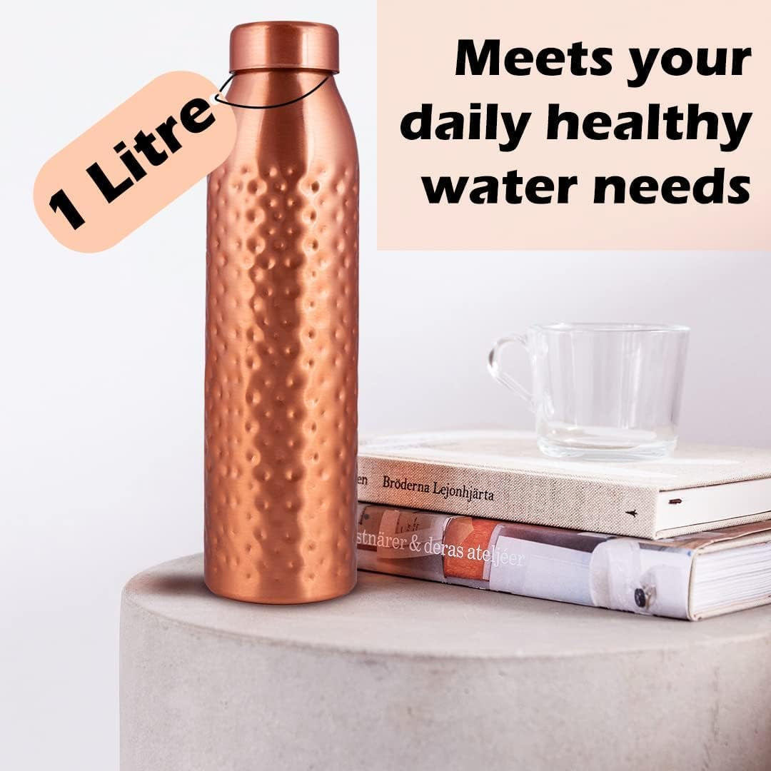 , Copper Water Bottle 1L - Gift Box of 3, Plain 2, Hammered 1, an Ayurvedic Vessel Made of Pure Copper - Helps You Drink More Water with Many Health Benefits