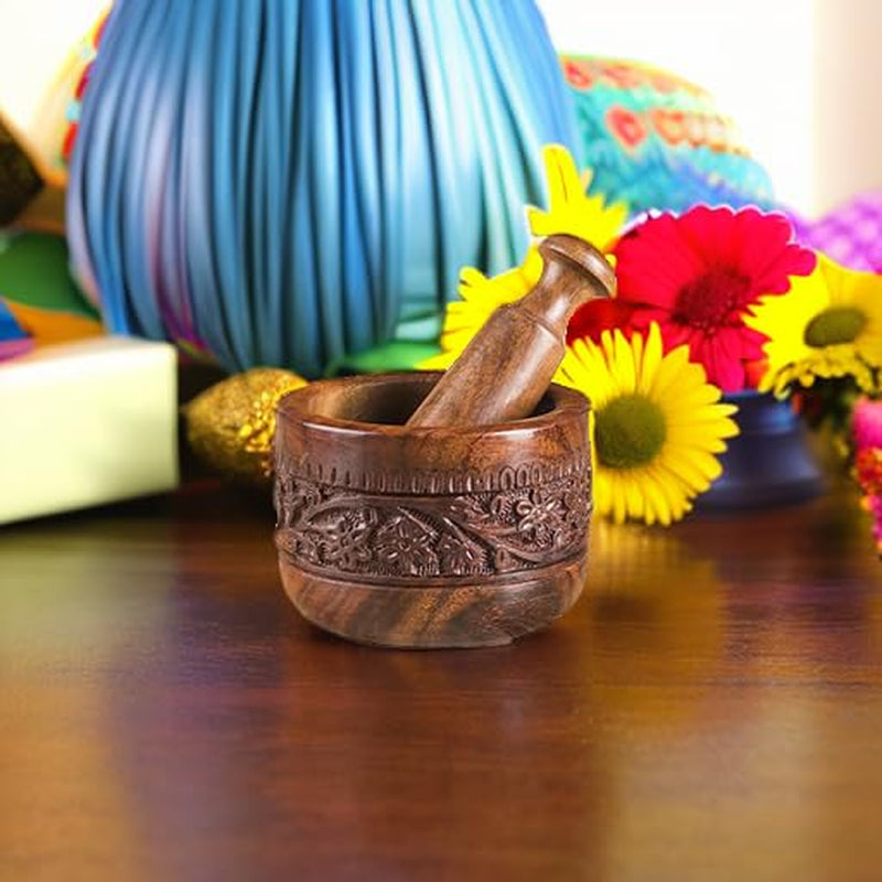 Mother'S Day Gifts Handmade Natural Wooden Mortar & Pestle Mixing Grinder Set for Garlic Press, Coffee Grinder, Ginger Crusher, Spice Grinding & Kitchen 4 Inch Diameter