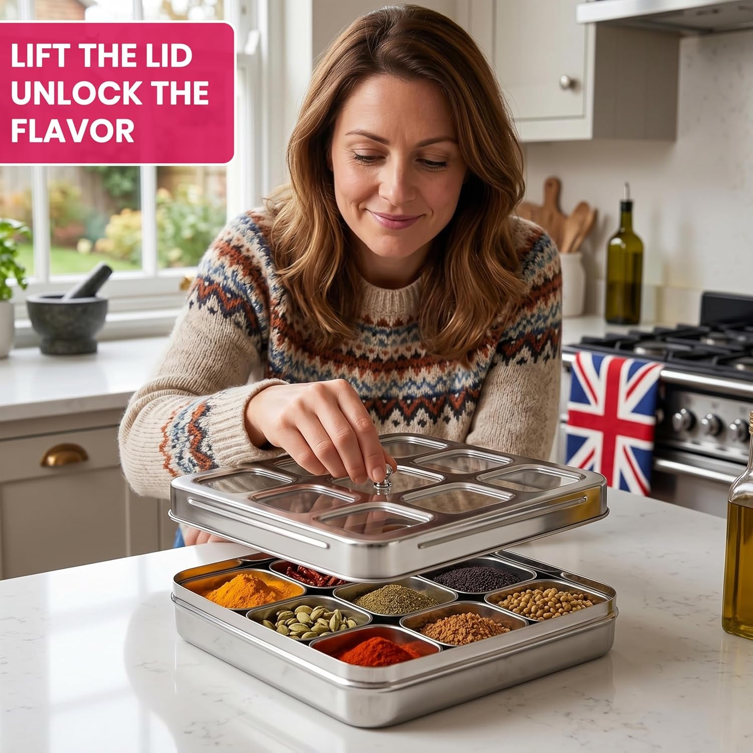 Masala Dabba (Spice Box) | Authentic Indian Style Stainless Steel Masala Dabba | with 9 Removable Compartments & 2 Spoons | See through Lid | See through Additional Inner Protection | 23.5 Cm