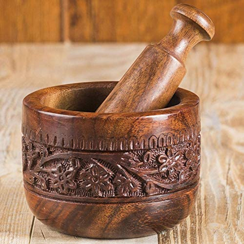Mother'S Day Gifts Handmade Natural Wooden Mortar & Pestle Mixing Grinder Set for Garlic Press, Coffee Grinder, Ginger Crusher, Spice Grinding & Kitchen 4 Inch Diameter