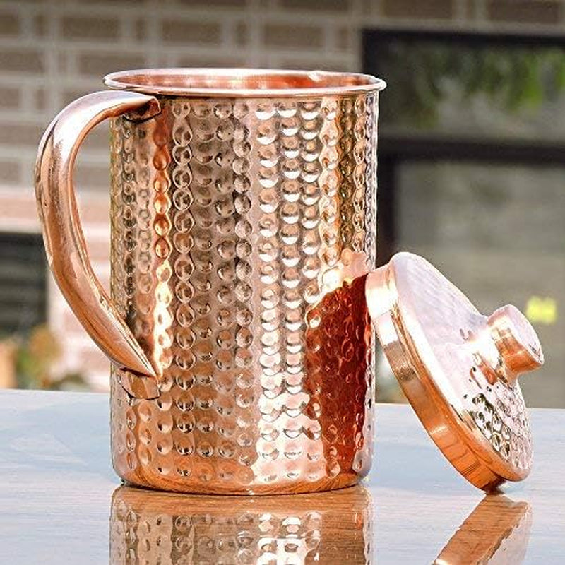 Copper Pitcher with Lid 100% Pure Copper Hammered Water Pitcher 50.7 Oz (1.5 Liter) for Drinking Water, Traditional Copper Pitcher for Home & Kitchen