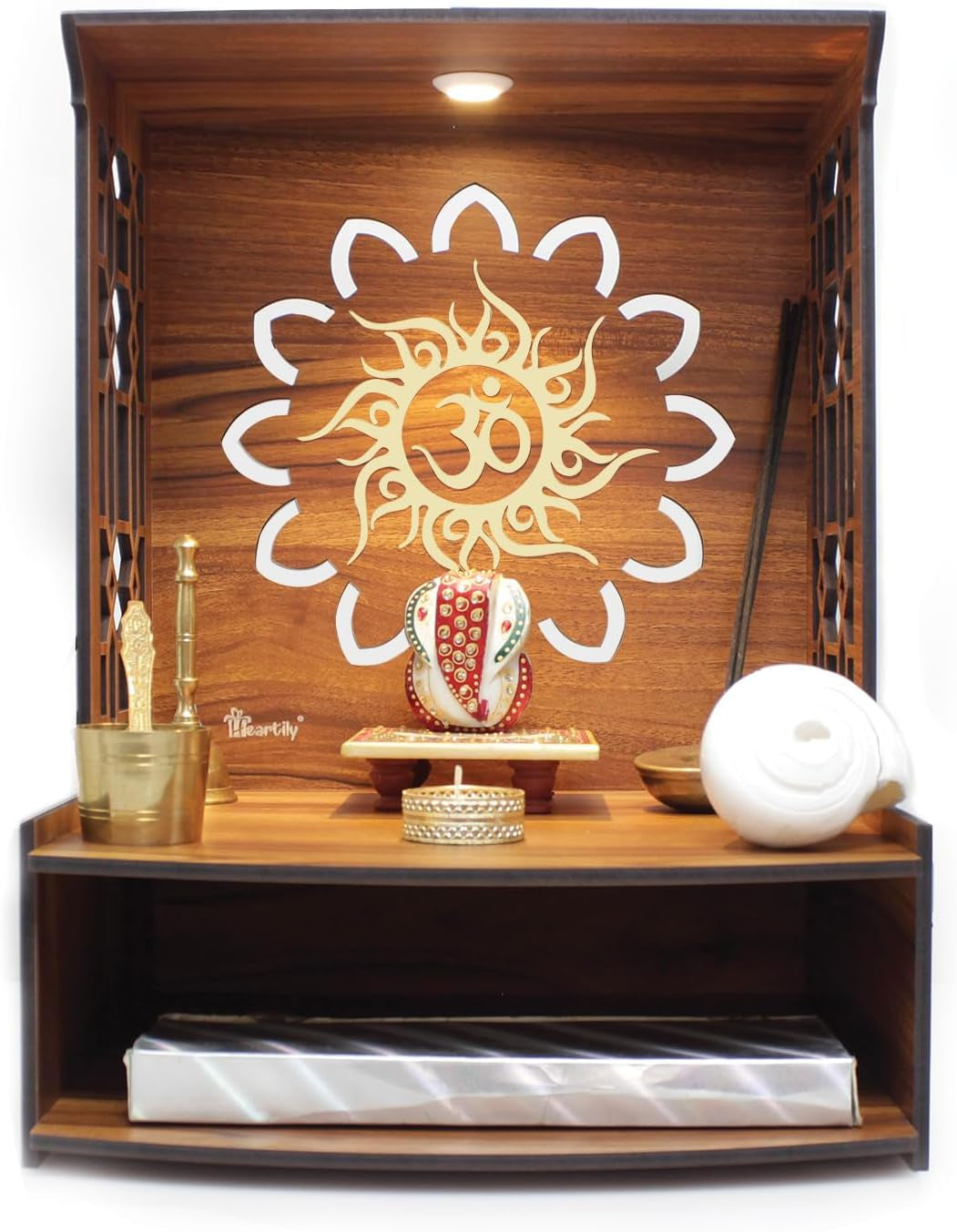 Mangal Beautiful Wooden Pooja Stand for Home Temple and Office Puja Mandir - Wall Mounted with LED Spot Light - Size (H- 15.5, L- 11.5, W-11 Inch)