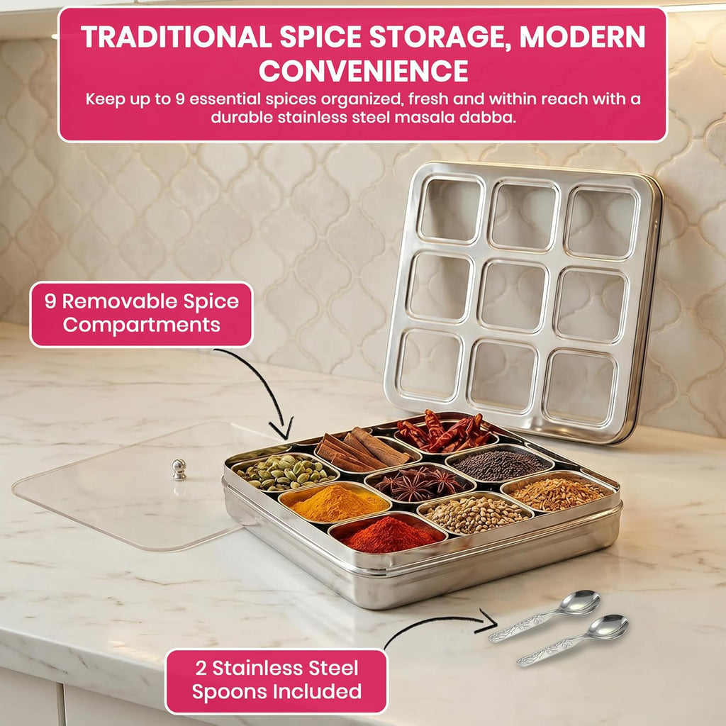 Masala Dabba (Spice Box) | Authentic Indian Style Stainless Steel Masala Dabba | with 9 Removable Compartments & 2 Spoons | See through Lid | See through Additional Inner Protection | 23.5 Cm