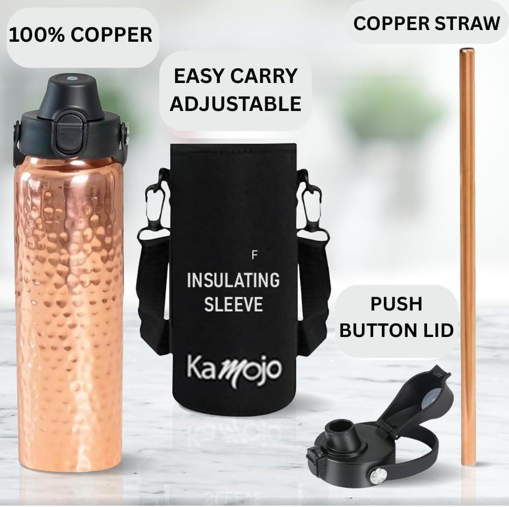 Pure Copper Water Bottle for Drinking Water – 100% Hammered Tumbler with Flip-Top Push Button Lid, Copper Straw & Insulating Sleeve – Handcrafted Ayurvedic Cup 32 Oz