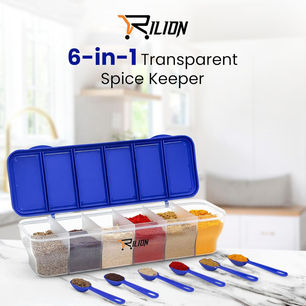 Multipurpose 6-In-1 Masala Box for Kitchen| Airtight Bpa-Free Plastic 6 Section Storage Container with 6 Spoons, 1800 Ml Transparent Pickle Box for Spices| Dry Fruits, Snacks Pack of 1 Blue