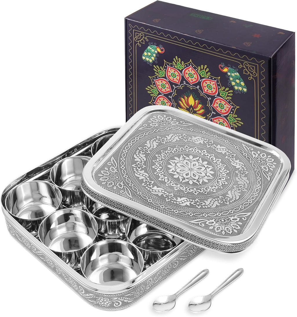 Premium Designer Masala Dabba with 9 Compartments & 2 Spoons, Antique Style Stainless Steel Spice & Dry Fruit Box Organizer Container with Gift Box for Kitchen, Festivals & Gifting
