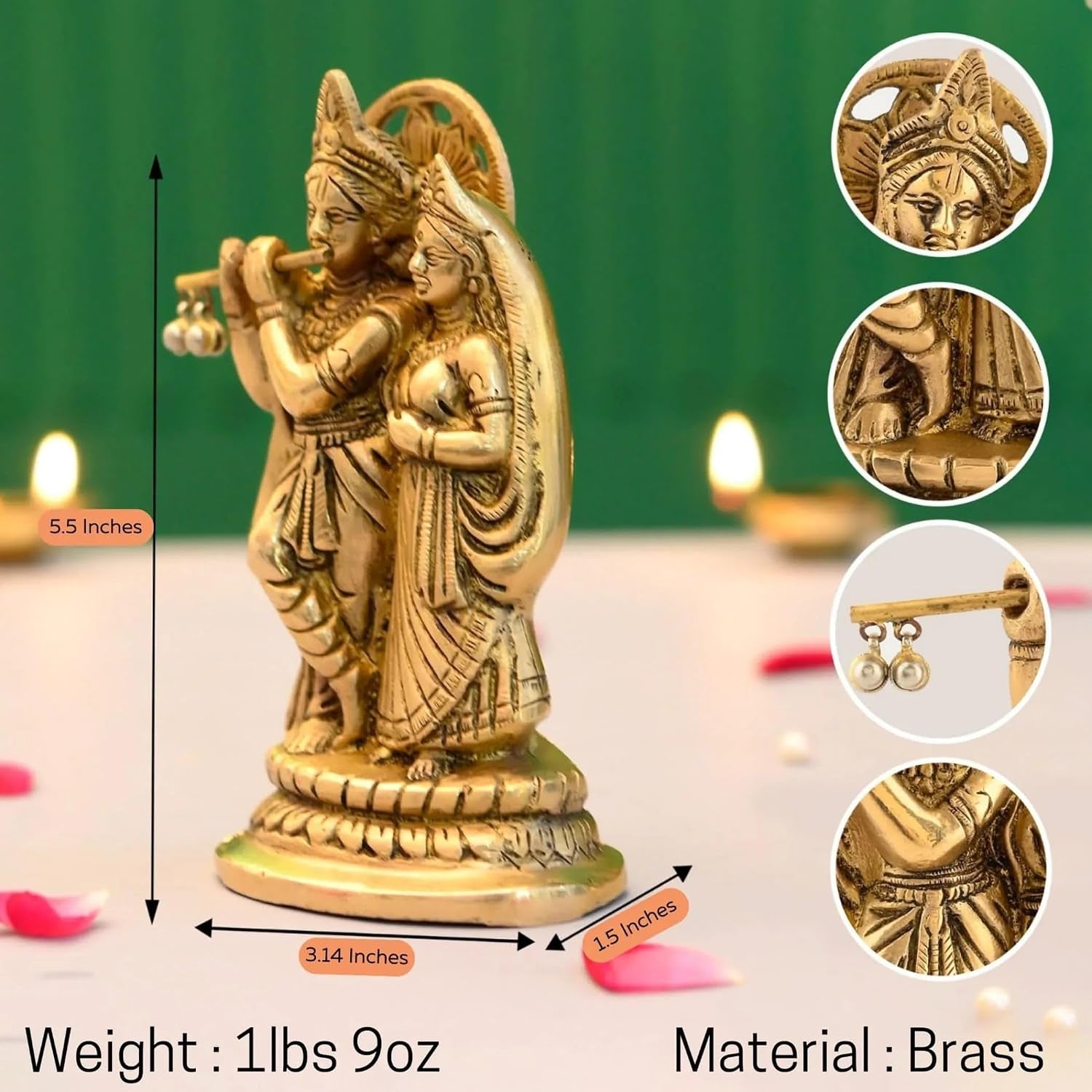 Brass Radha Krishna Statue for Pooja (5.5 Inches) – Indian Spiritual Radha Kishan Deity Idol for Home Mandir Decor, Janmashtami, Housewarming & Return Gift