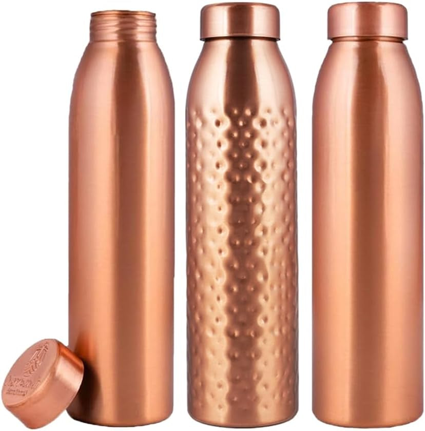 , Copper Water Bottle 1L - Gift Box of 3, Plain 2, Hammered 1, an Ayurvedic Vessel Made of Pure Copper - Helps You Drink More Water with Many Health Benefits