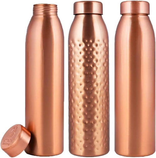 , Copper Water Bottle 1L - Gift Box of 3, Plain 2, Hammered 1, an Ayurvedic Vessel Made of Pure Copper - Helps You Drink More Water with Many Health Benefits