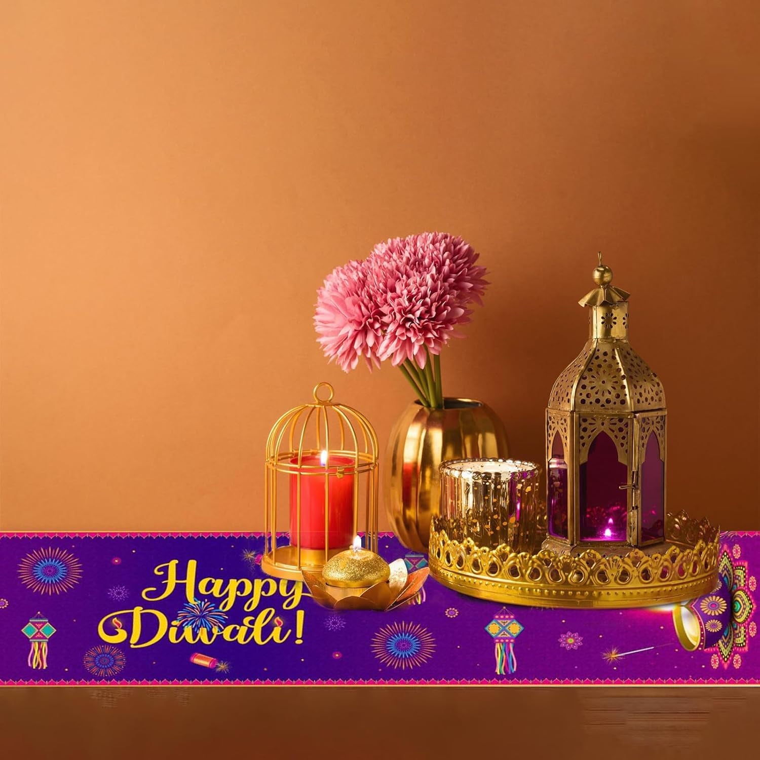 Diwali Table Runner - 13X72'' Happy Diwali Table Runner Kitchen Dining Table Decoration, Indian Deepawali Festival of Lights Party Decor Supplies Diwali Decorations for House Home