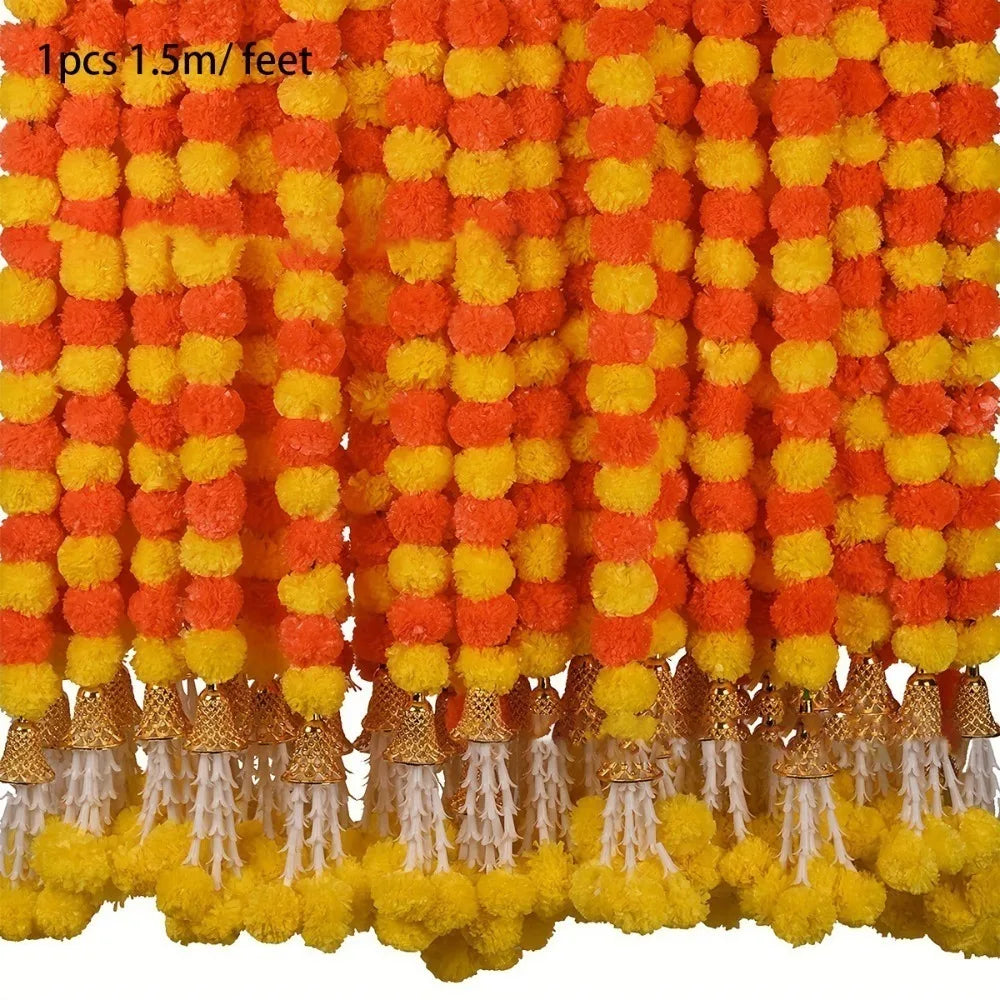 Long Strands Artificial Marigold Garland 1.5M Pooja Diwali Fiesta Pooja Marigold Flowers Indian Décor Events Decor
