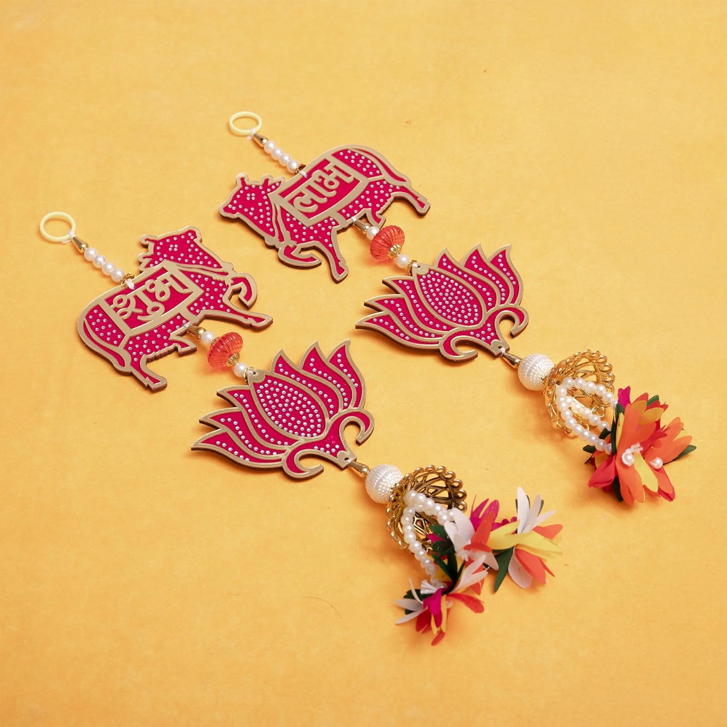 Set of 2 Shubh Labh Wall Hanging with Lotus and Cow Motifs Décor Decorative Pooja Door Hanging for Home Temple Festial Diwali and Gifting (Cow)