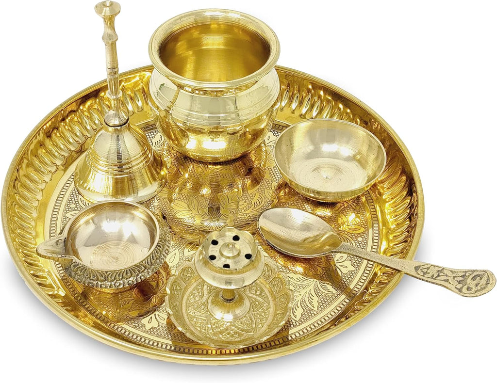 Brass Pooja Thali Set with Grey Gift Box 6 Inch Pital Plate Kalash Spoon Chandan Wati Dhup Dan Kuber Diya Ghanti Puja Arti Thali for Diwali Home Office Mandir Wedding Return Gifts