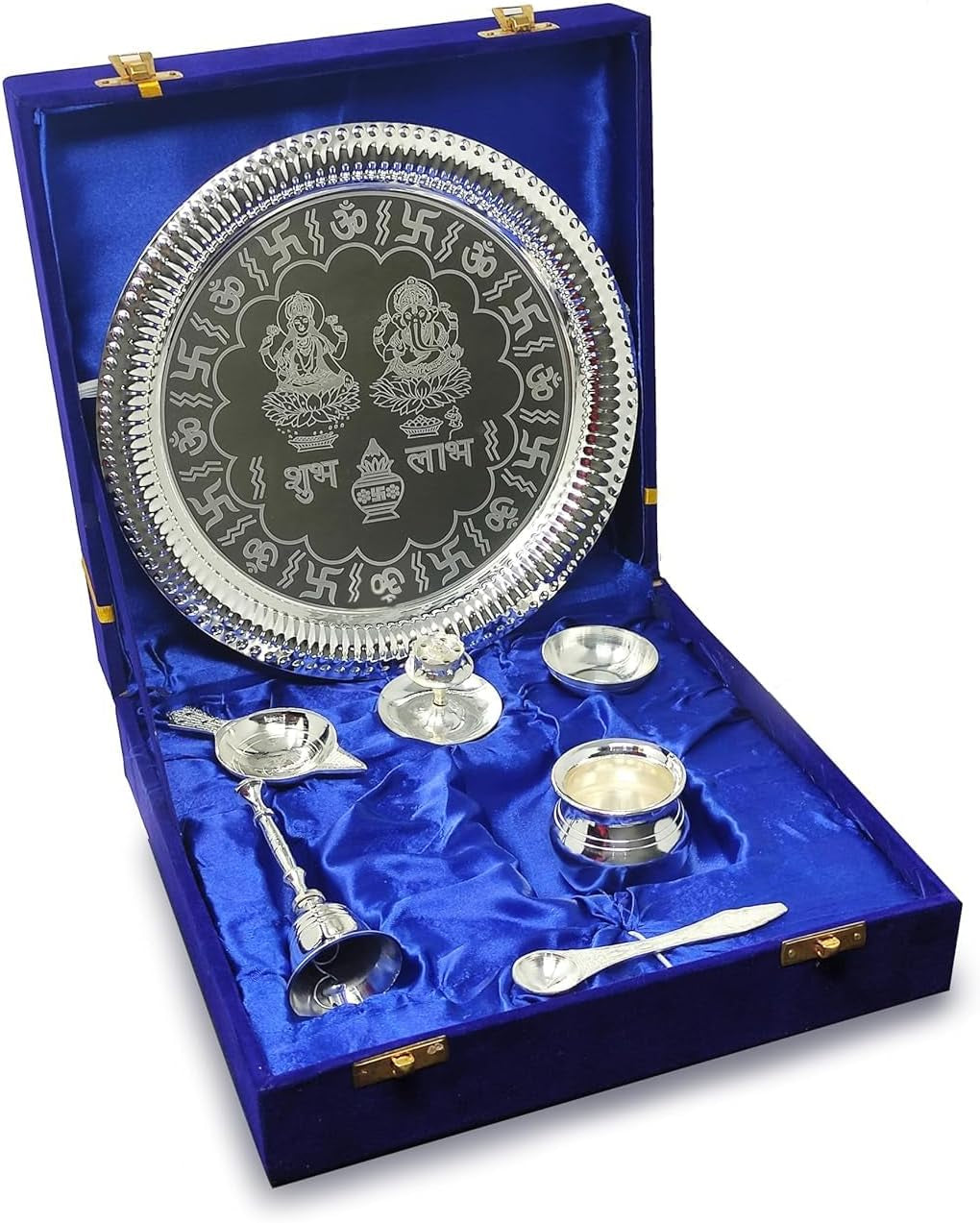 Pooja Thali Set Silver Plated with Blue Gift Box Designed Puja Plate 22 CM Bowl Ghanti Kalash Spoon Dhup Dan Diya for Home Office Diwali Wedding Return Gift Items